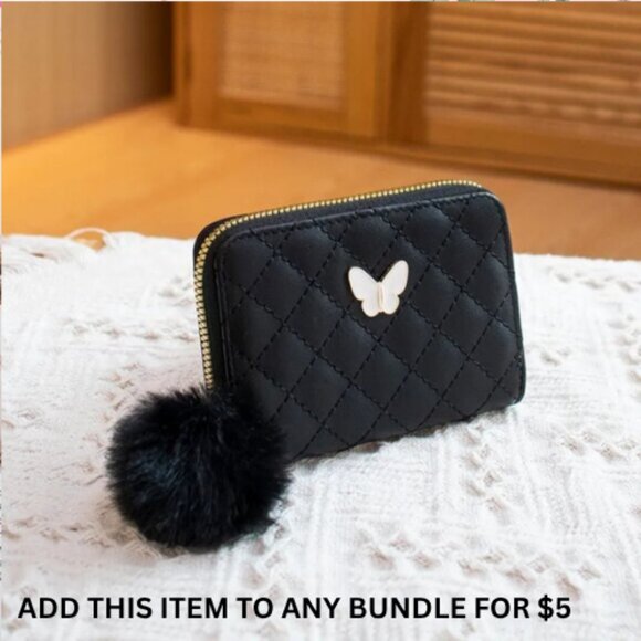 $5 ADD ON ITEM- Mini Black Quilted Wallet Butterfly Charm & Pom Pom Zipper Coin - Picture 1 of 5